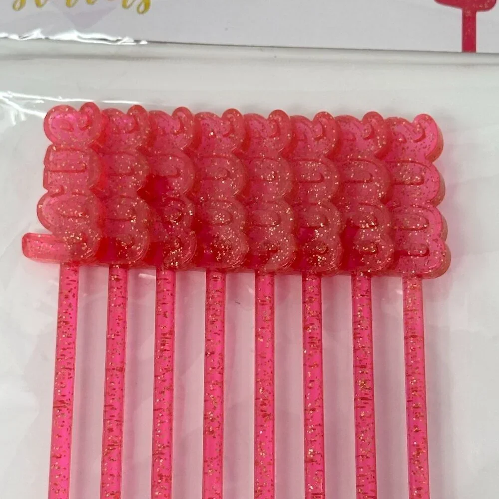 Hot Pink Love Glitter Drink Stirrers Swizzlers  2 Packs Valentine Bar Cart Decor